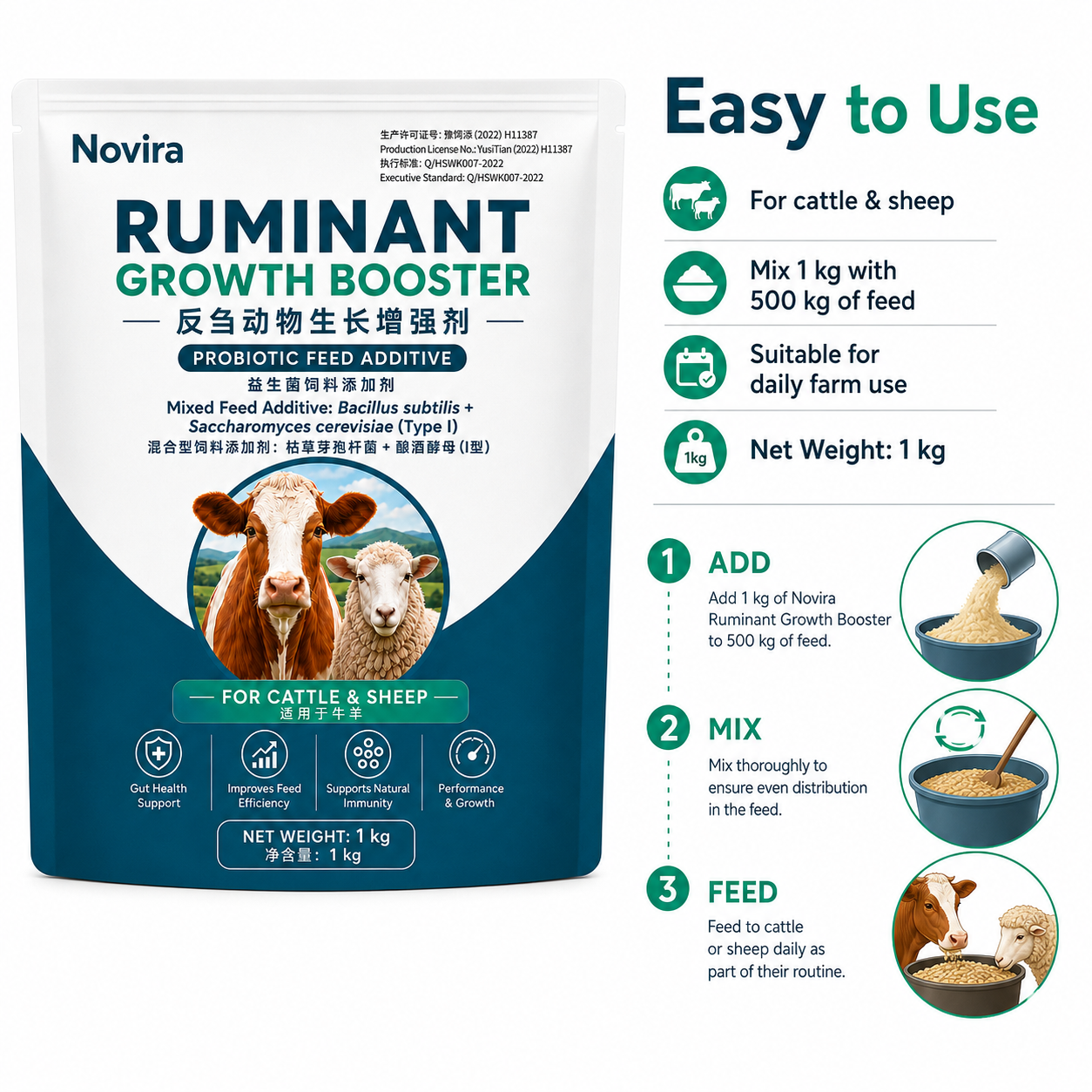 Novira Ruminant Growth Booster Probiotic Feed Additive for Cattle & Sheep, 1kg