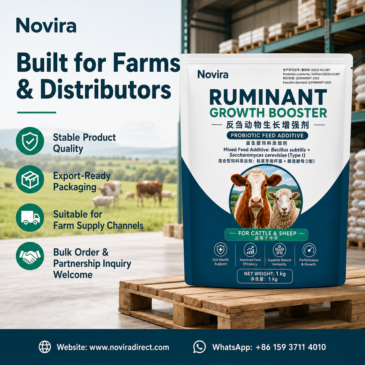 Novira Ruminant Growth Booster Probiotic Feed Additive for Cattle & Sheep, 1kg